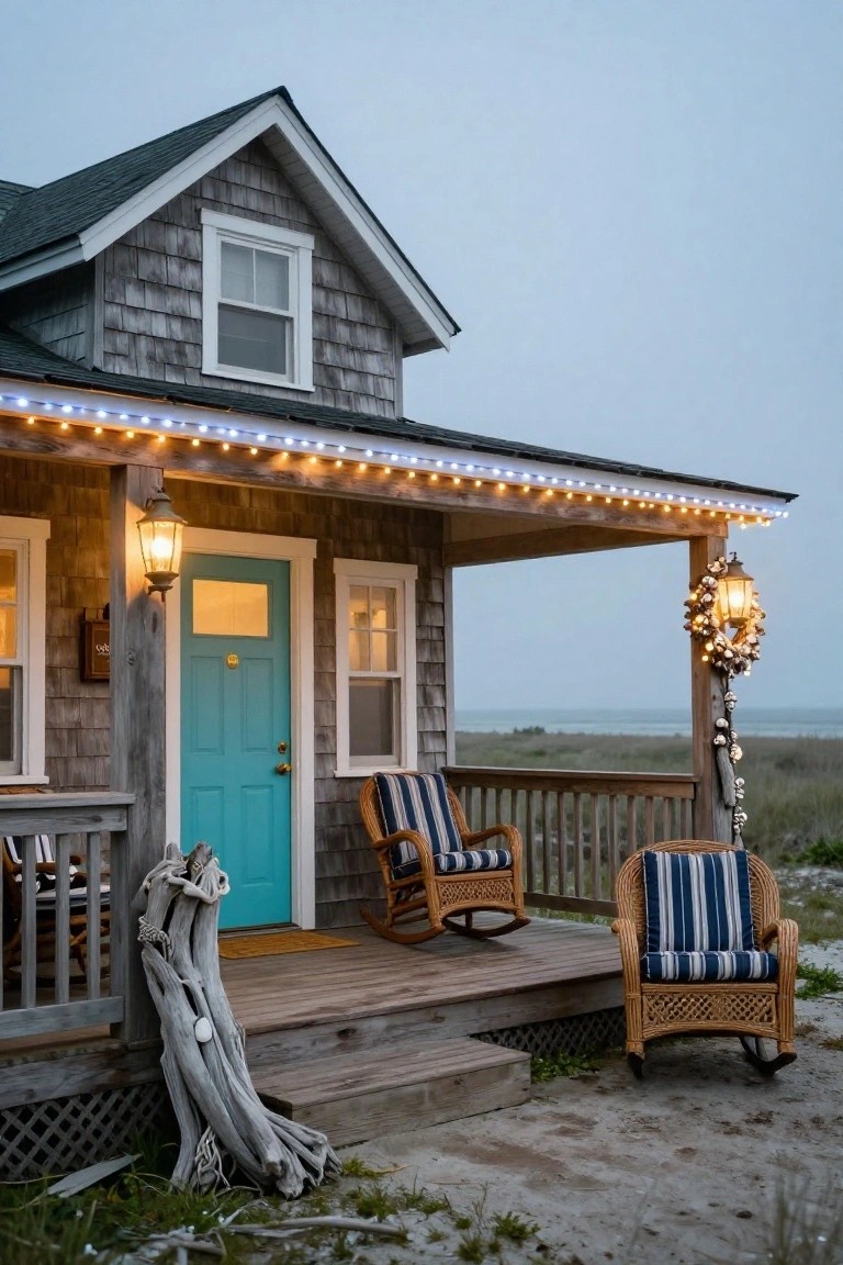 Shingled cottage exterior with turquoise front door, wooden porch featuring wicker rocking chairs, driftwood sculpture, string lights along eaves, hanging lanterns, Christmas wreath, and ocean view in background.