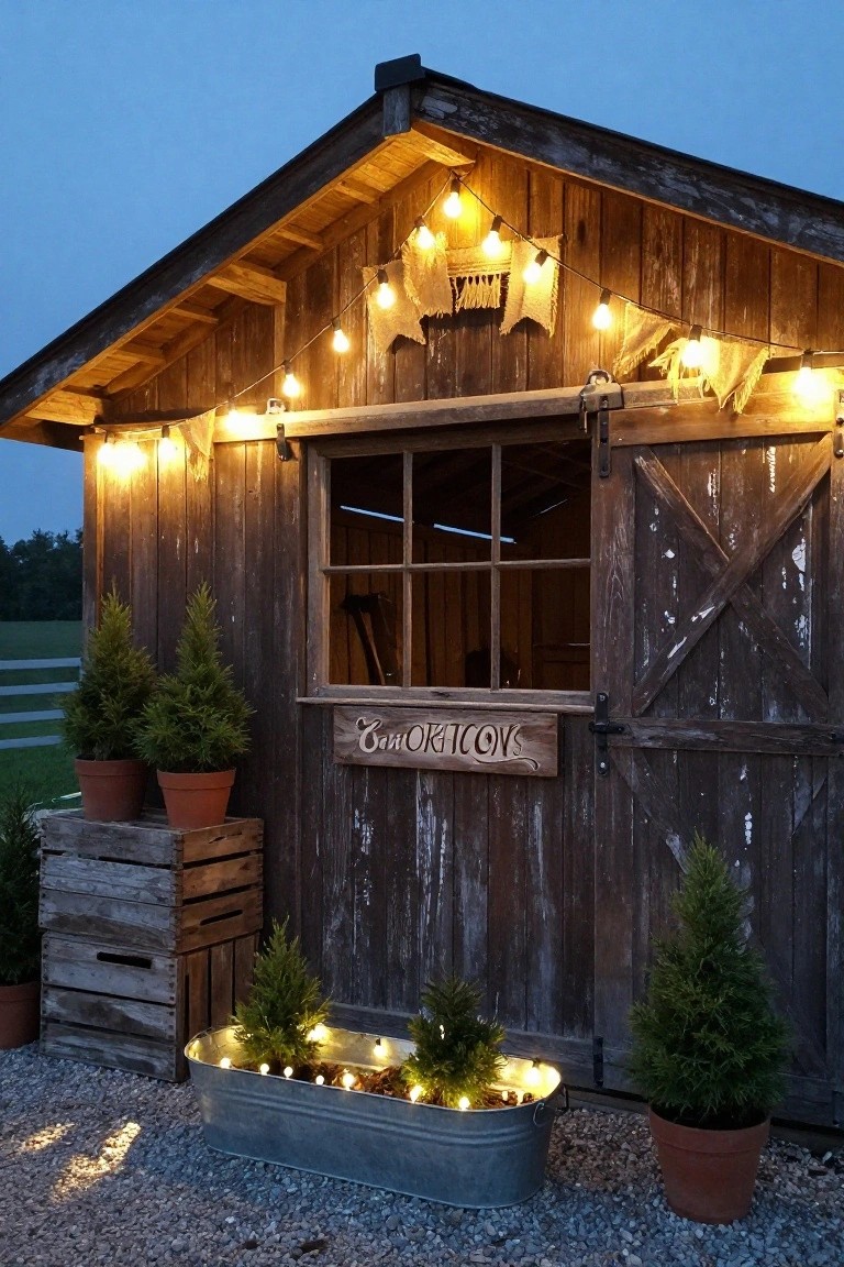 Rustic wooden shed with 'Candle Shop' sign, decorated with string lights, garlands, and star shapes along the roofline and door, flanked by potted evergreen trees and a galvanized trough planter with fairy lights on gravel ground at dusk.