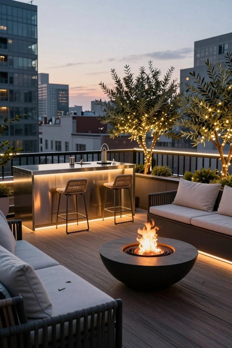 Rooftop terrace at dusk with potted olive trees wrapped in string lights, a circular fire pit, white sofa, metal bar counter with stools, LED underlighting, and city skyline backdrop.
