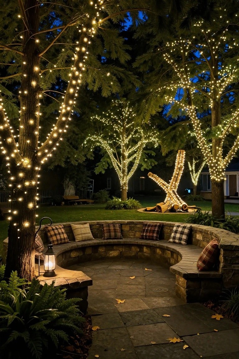 Curved stone bench with plaid cushions in a nighttime garden, surrounded by evergreen trees wrapped in warm string lights, a lantern on the bench edge, and log sculptures nearby.