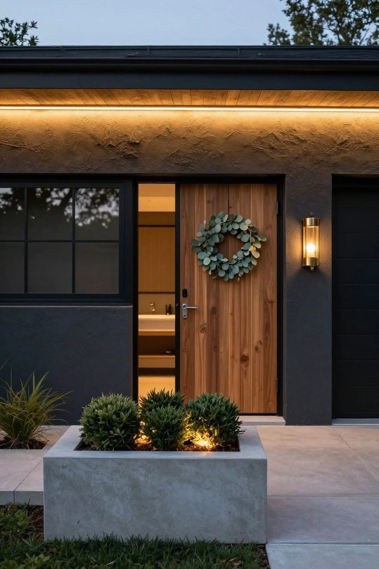 Modern house exterior at dusk featuring warm LED strip lighting under the wood-clad roof overhang, wooden front door with green eucalyptus wreath, lit brass wall sconce, black-framed sidelight window revealing interior sink, dark garage door, concrete planter box with uplit shrubs and grasses.