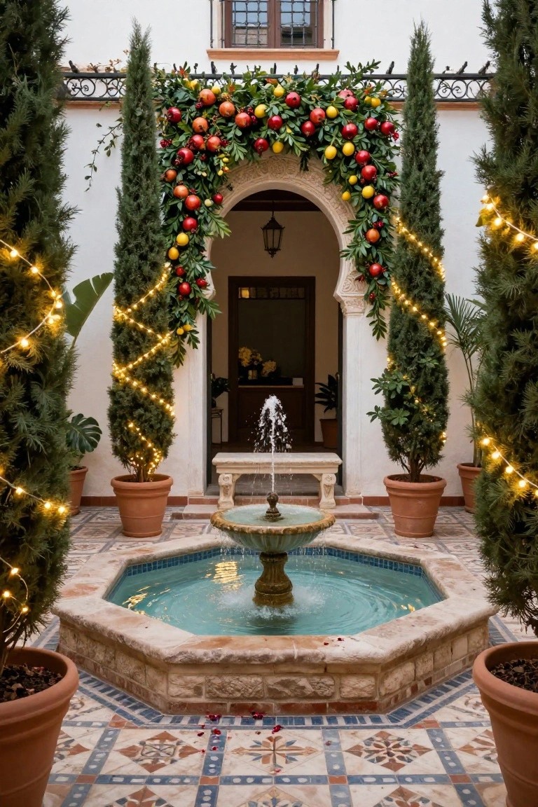 A festive Spanish-style courtyard featuring tall potted cypress trees wrapped in string lights flanking a central octagonal fountain, with citrus and pomegranate garlands over an arched entryway and additional potted plants on tiled flooring.