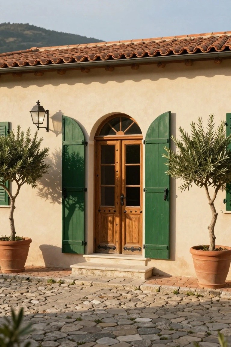 Light beige stucco house exterior with arched double wooden door, green shutters, wall lantern, and potted olive trees on either side, on a pebble stone courtyard.