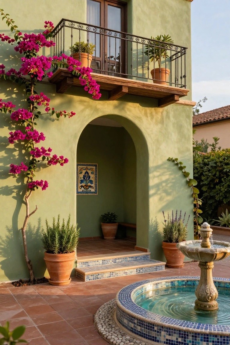 Sage green stucco house exterior with pink bougainvillea vines climbing from ground to balcony, arched entry with steps and blue tile artwork, potted rosemary and lavender plants, and round blue mosaic fountain on terracotta patio surrounded by gravel.