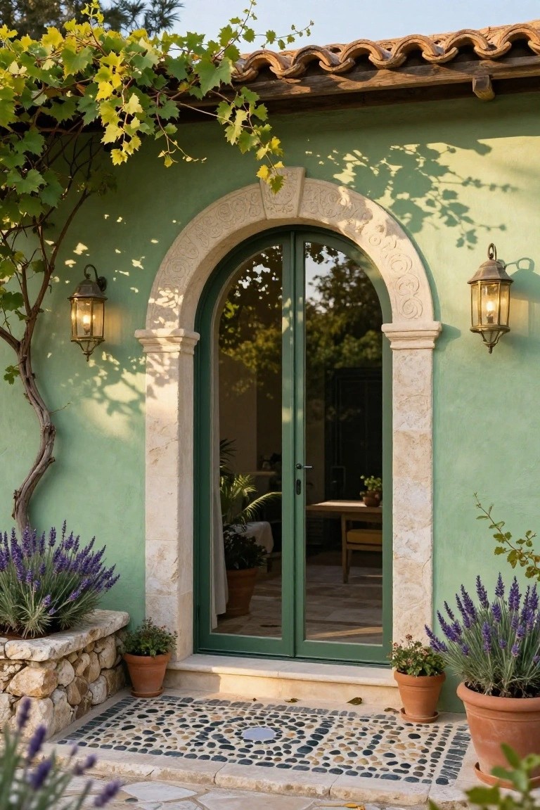 Pastel green stucco house exterior with tall arched double doors in green frames, ornate carved stone archway and columns, flanked by lanterns, climbing vines, lavender plants in pots, stone base, and pebble mosaic entry path.
