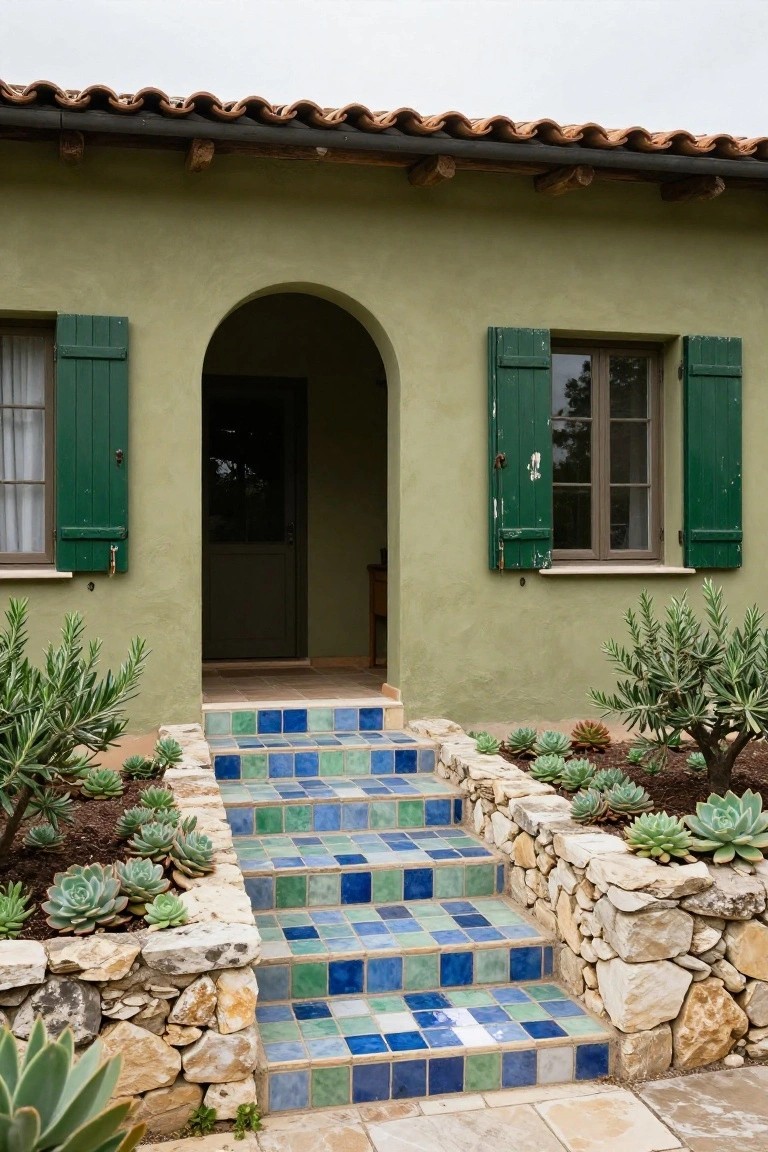 Sage green stucco house facade with arched entry door, green shutters on flanking windows, blue and green tiled steps rising to the door, bordered by stone retaining walls planted with succulents and olive trees.