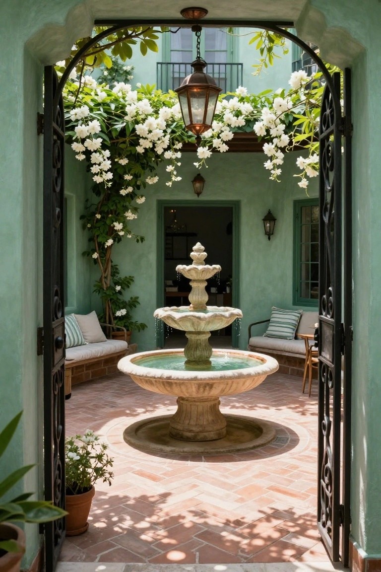 Teal stucco courtyard with open black wrought-iron gates, central tiered stone fountain, cushioned bench seating on brick pavers, climbing white flowers on arches, potted plants, and lanterns.