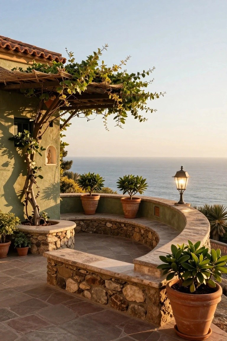 Green stucco house wall with climbing vines and a curved stone bench seat on a tiled terrace, potted plants in terracotta pots, a lantern, and ocean view at dusk.