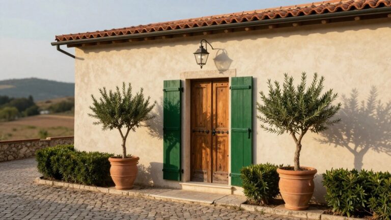 Light beige stucco house exterior with arched double wooden door, green shutters, wall lantern, and potted olive trees on either side, on a pebble stone courtyard.