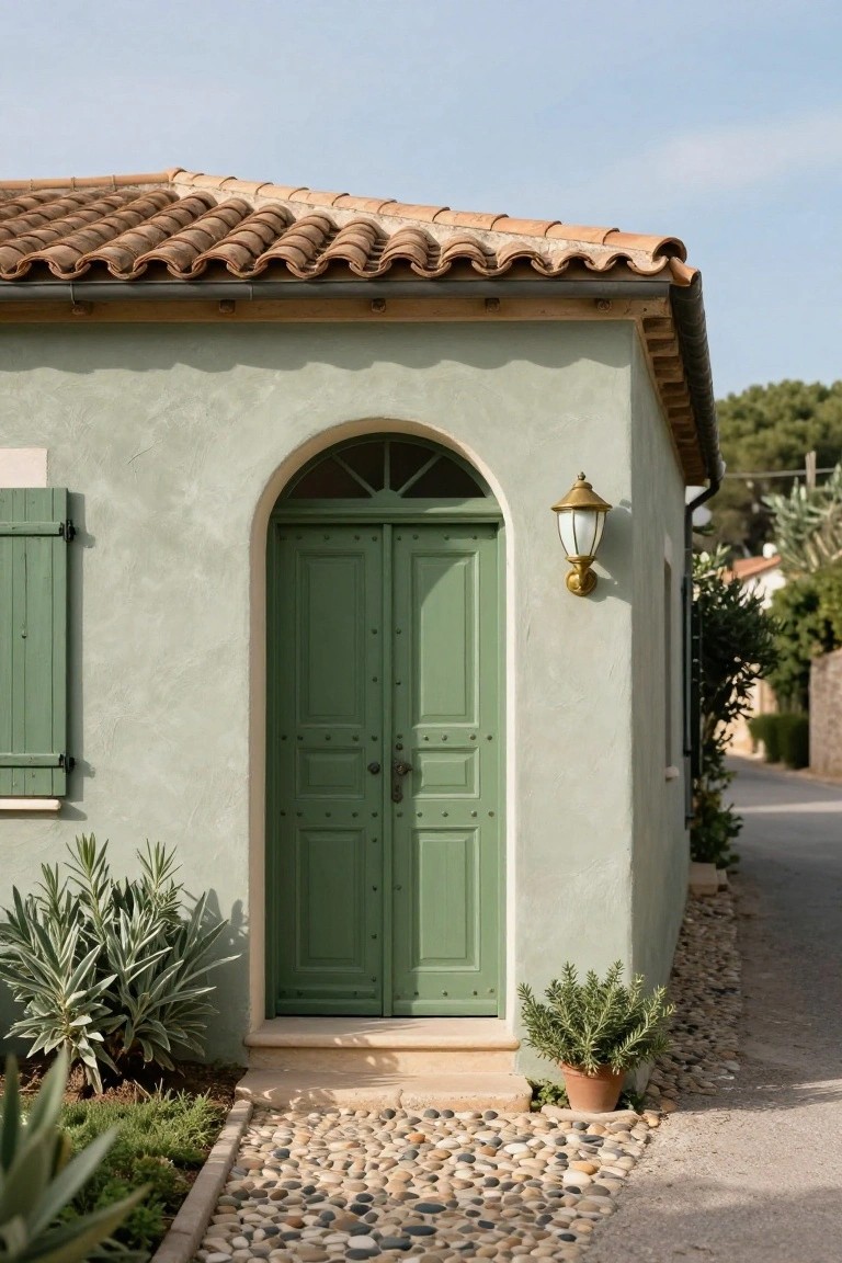 Pale green stucco corner of a Mediterranean-style house with double green wooden doors under an arched transom window, green shutters on one side, a gold lantern light, potted plants, agave, and a pebble stone path.