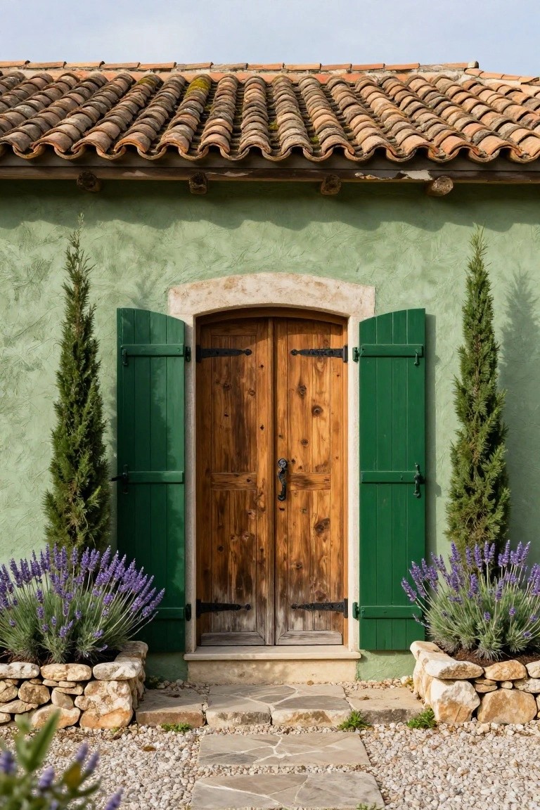 Mint-green stucco house facade with arched wooden double doors, open green shutters on each side, flanked by cypress trees and lavender pots in stone bases, gravel path leading to entry.