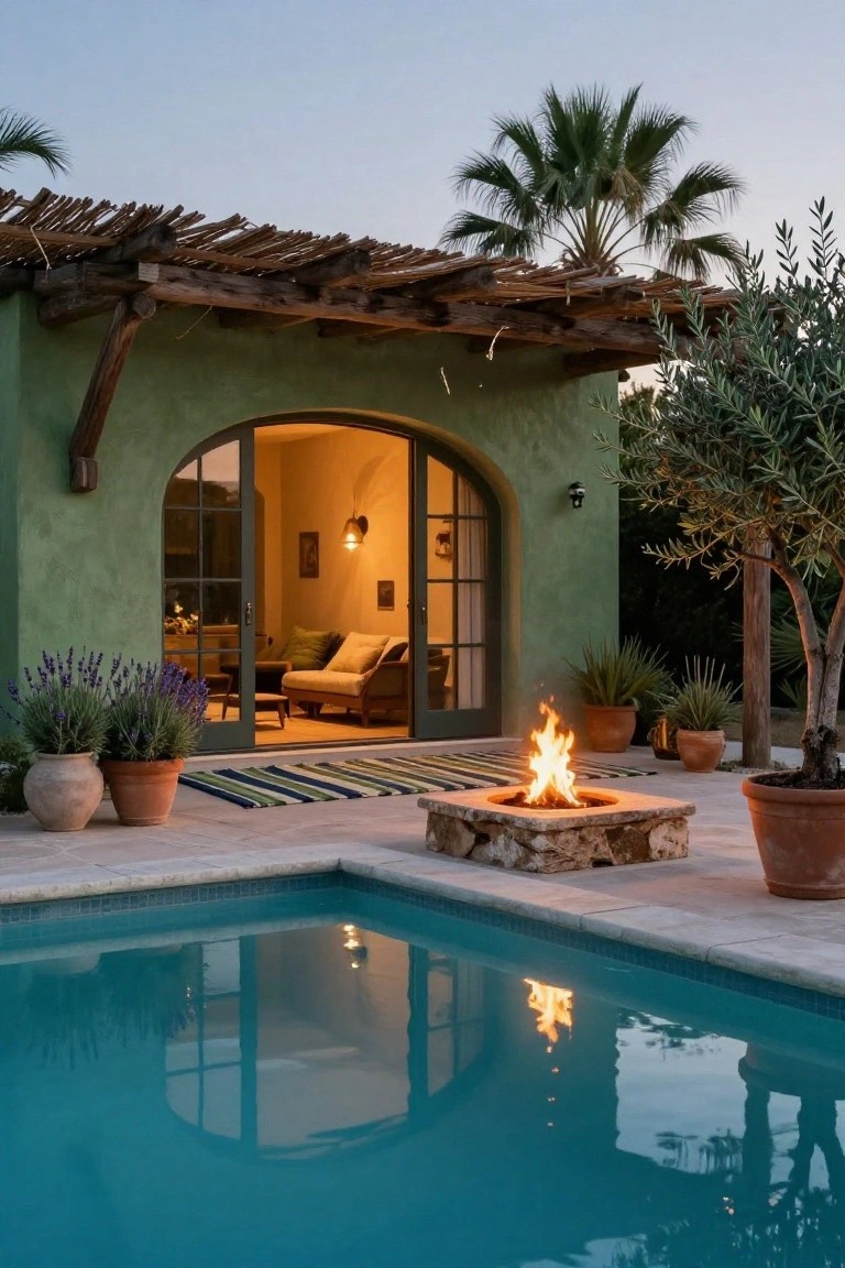 Green stucco house exterior featuring a rustic wooden pergola with thatch roof, open arched doors to indoor seating area, stone fire pit, infinity-edge pool corner, potted plants, palm tree, and olive tree at dusk.