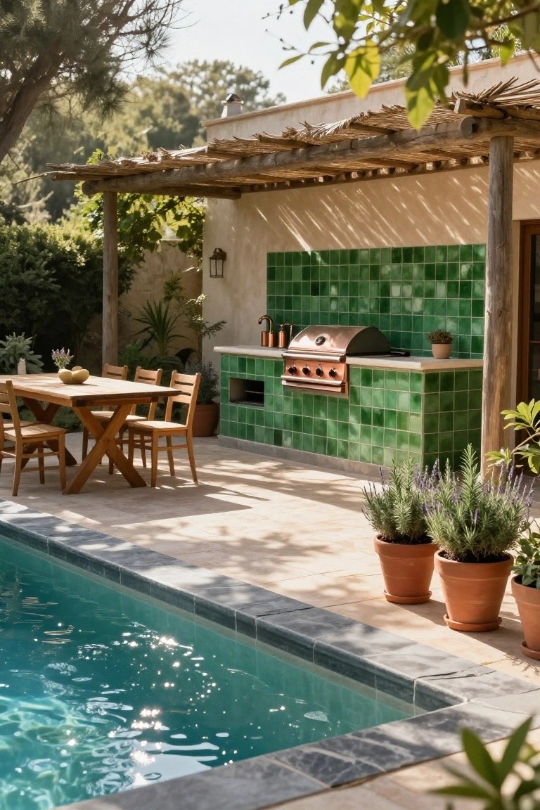 Outdoor patio under a wooden pergola with a green tiled built-in barbecue grill, wooden dining table and chairs, potted plants, and an adjacent swimming pool on beige stone paving.