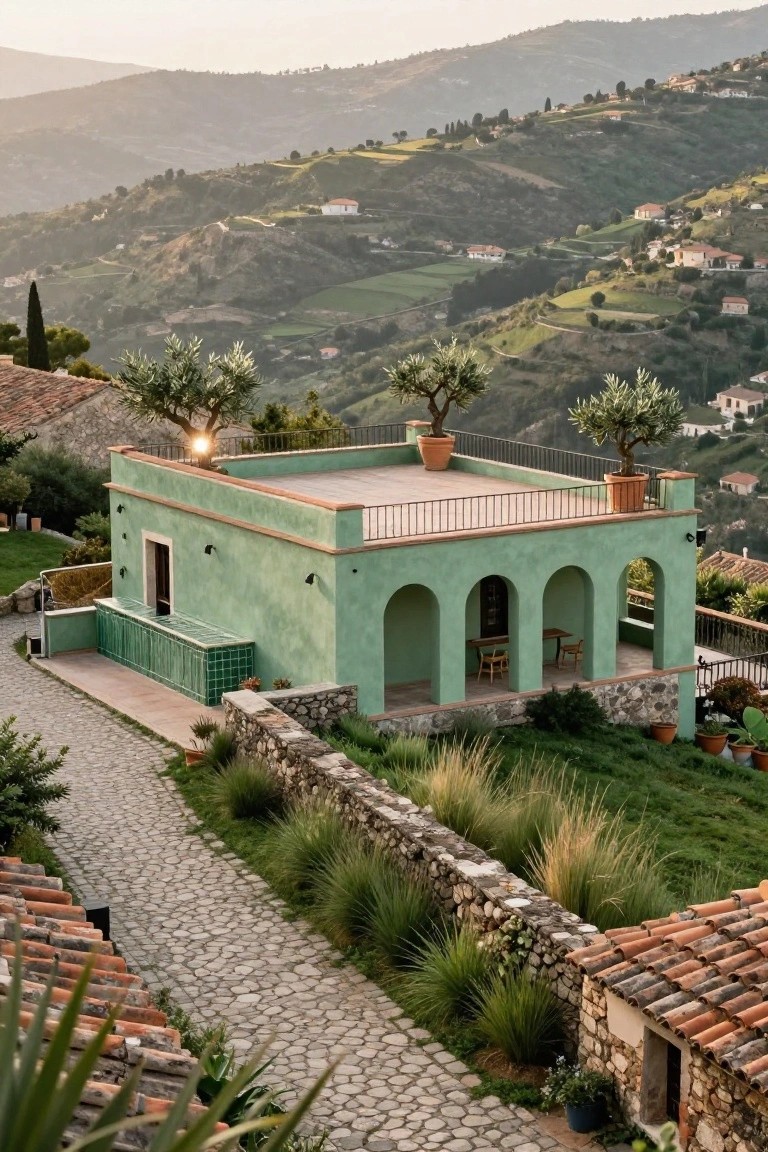 Mint-green stucco house with rooftop terrace featuring potted olive trees, arched verandas with furniture, stone pathway, and surrounding hillside landscape with villages and olive groves at sunset.