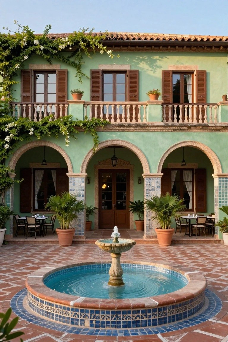 A two-story mint-green stucco Mediterranean house exterior with terracotta tile roof, wooden shutters on windows and balcony, arched loggia entry, climbing white-flowered vines, potted plants, outdoor seating area, and central blue-tiled fountain in terracotta-paved courtyard.