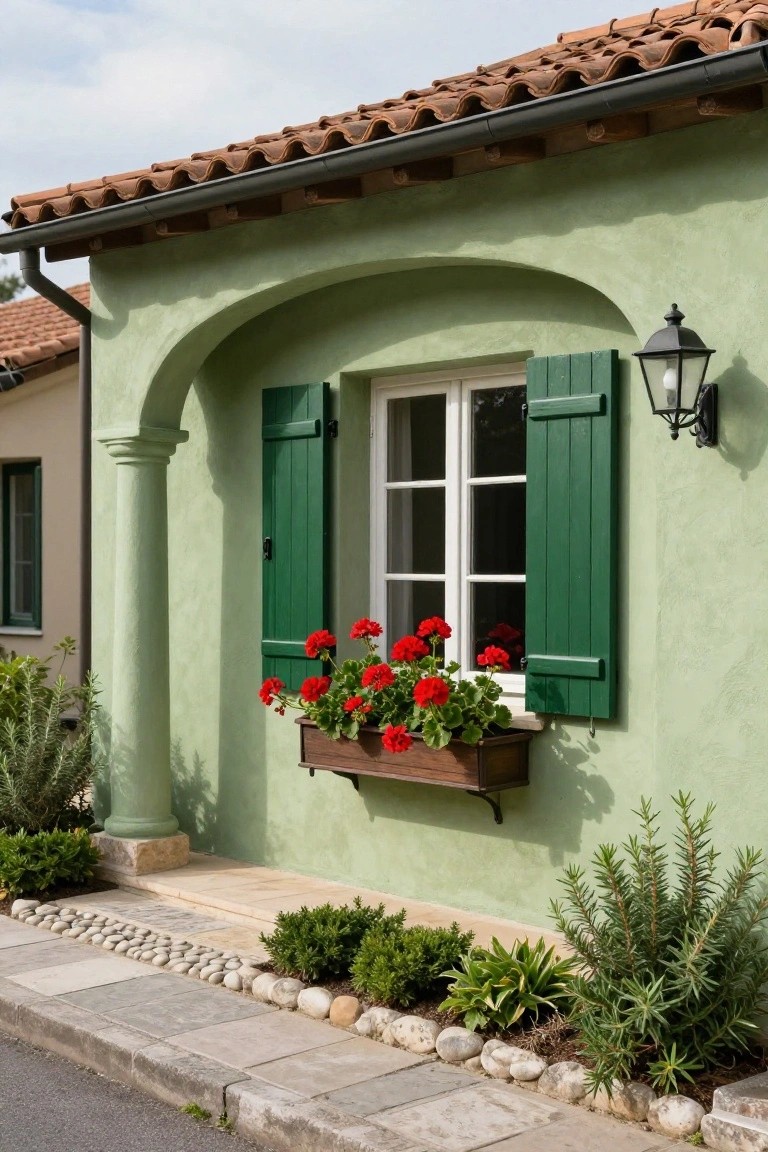 Pale green stucco exterior wall of a house with an arched double window, green wooden shutters, wooden window box overflowing with red geraniums, black lantern light, stone column, and gravel path edged with plants.