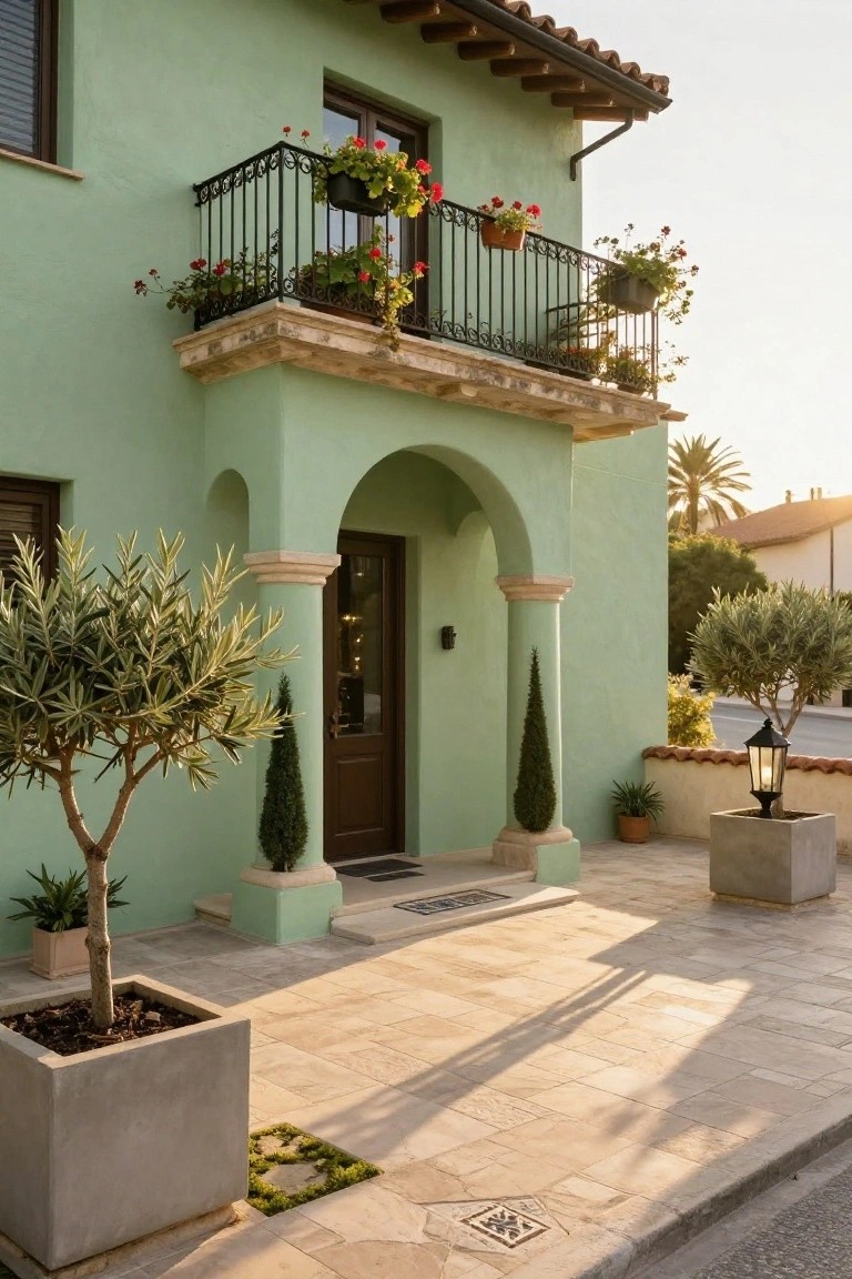 Mint green stucco house exterior with arched wooden front door, wrought-iron balcony with flower pots and hanging plants, potted olive trees and cypresses, stone pavers, and outdoor lantern at dusk.