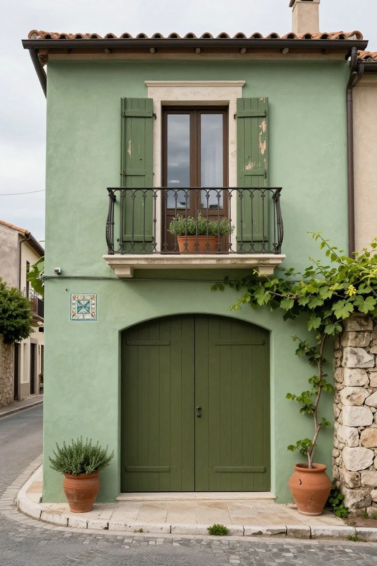 Mint green stucco two-story house with green wooden shutters on upper windows, black wrought-iron balcony with potted plants, arched green double garage doors, climbing vines on stone base, terracotta pots with lavender plants on cobblestone street.