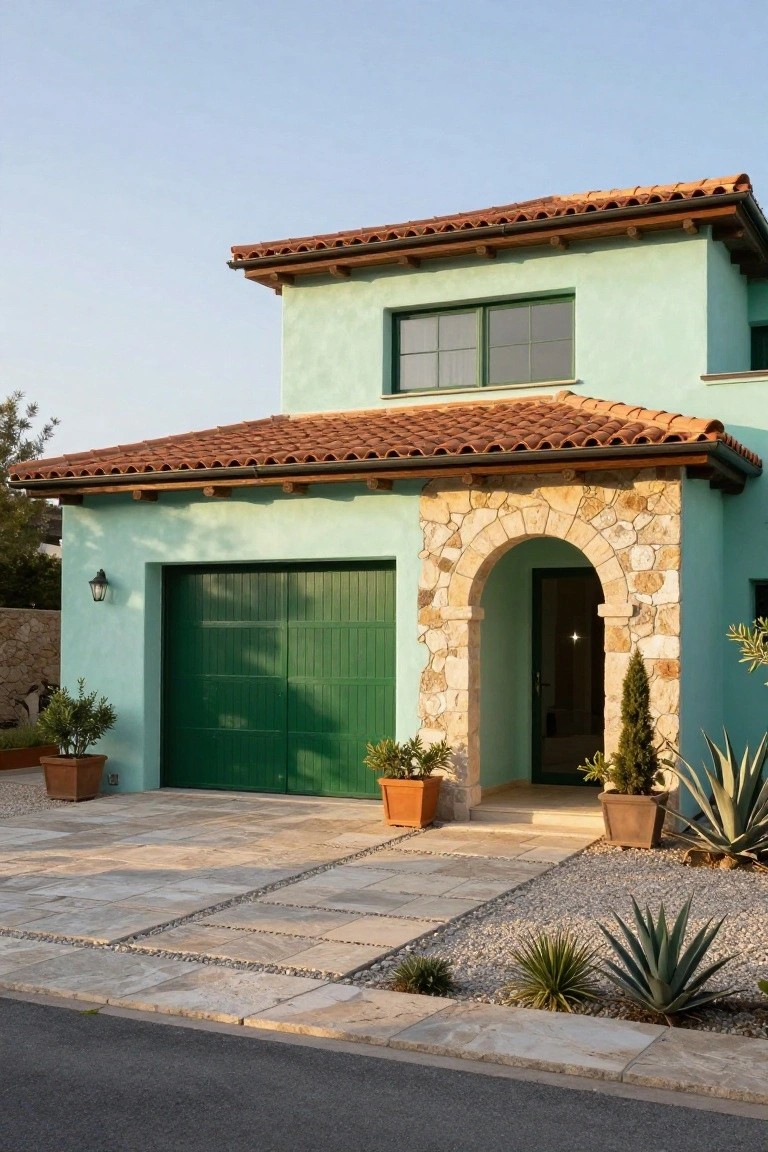 Front view of a two-story house with light green stucco walls, green garage door, arched stone entryway, terracotta tile roof, potted plants, and gravel landscaping along a paved driveway.