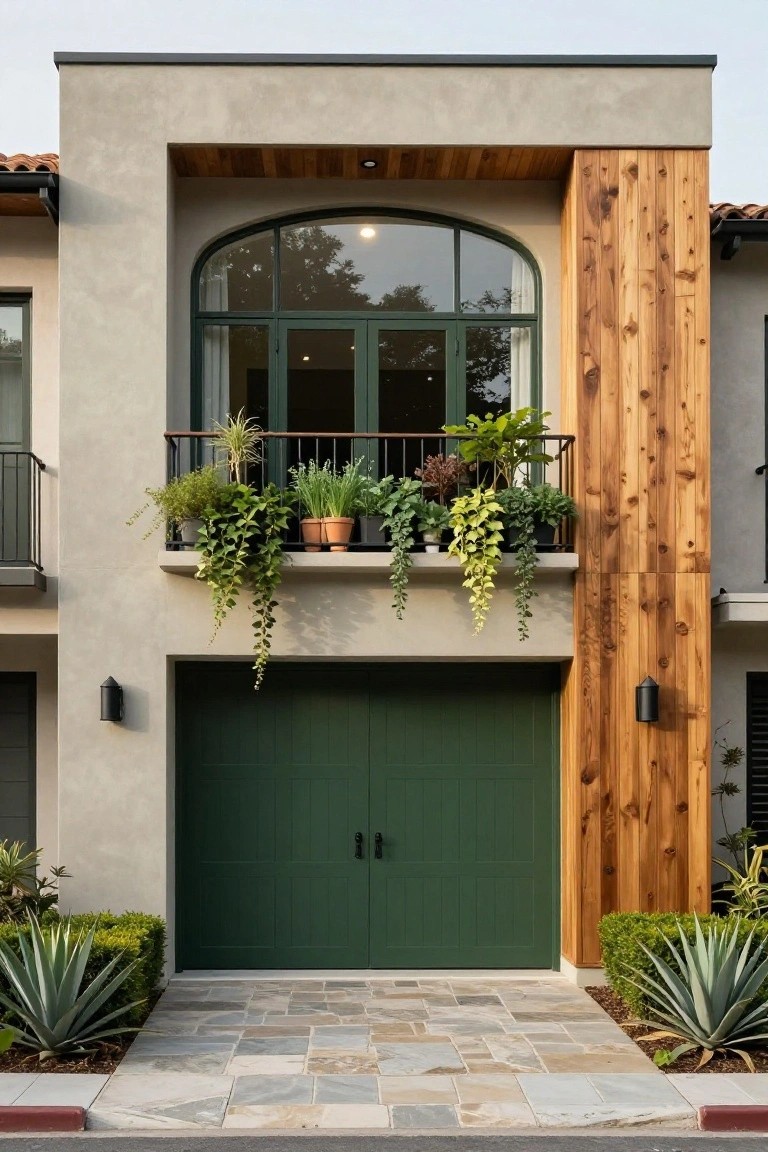 Front exterior of a two-story house featuring beige stucco walls, a vertical wood-clad panel on the right side, an arched green-framed window with balcony and potted plants, a green double garage door, and agave plants beside a stone entry path.