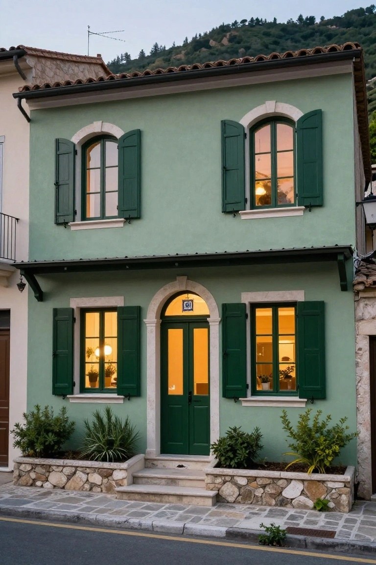 Two-story house exterior with pale green walls, dark green shutters on arched windows, dark green front door, stone base planters with shrubs and agave plants, on a cobblestone street with hills and trees in the background.