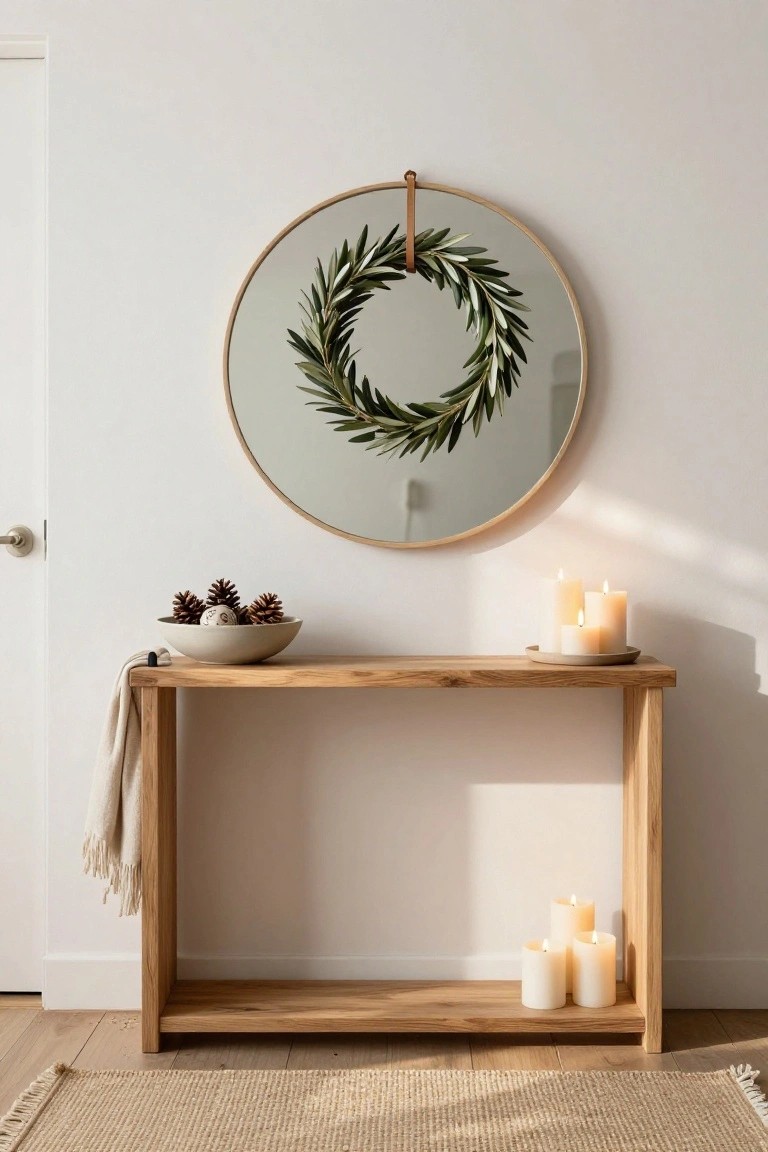 A light wooden console table in a white entryway holds a ceramic bowl of pinecones and white pillar candles on a plate, with a round gold-framed mirror featuring an olive leaf wreath hanging above it next to a white door.