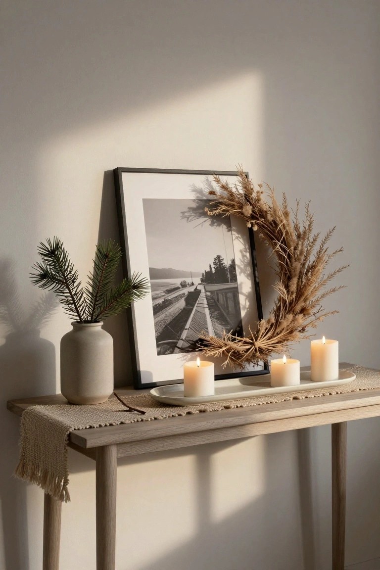 Warmly lit console table with a black-and-white photo, dried wreath, candles, and a vase.