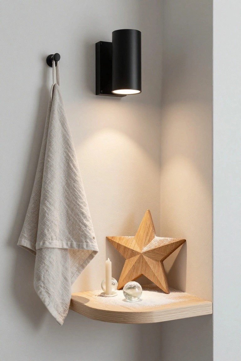 White wall corner with black hook holding beige towel, black dual wall light above curved light oak shelf displaying wooden star ornament, white candle on holder, and glass orb with faux snow.