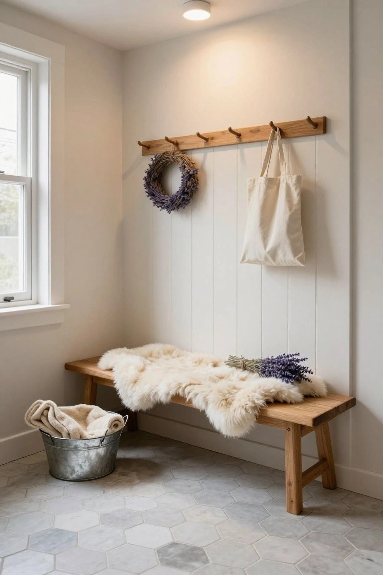 White shiplap mudroom with wooden wall hooks holding a canvas tote bag and lavender wreath, wooden bench draped in white sheepskin rug and lavender bundle, galvanized bucket with folded towels on hex tile floor.