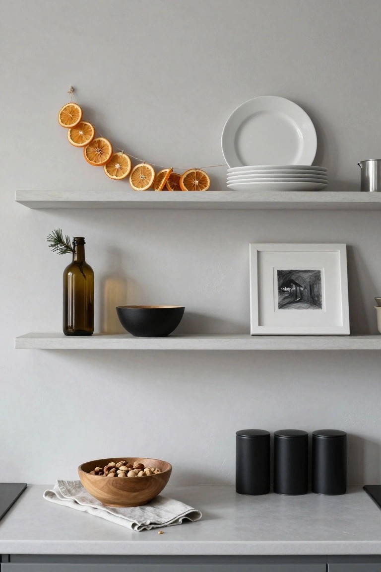Floating gray shelves in a kitchen displaying stacked white plates, a black bowl, brown glass bottle with pine sprig, white frame, and a garland of dried orange slices hanging on the wall above a counter with wooden nut bowl, black canisters, and linen cloth.