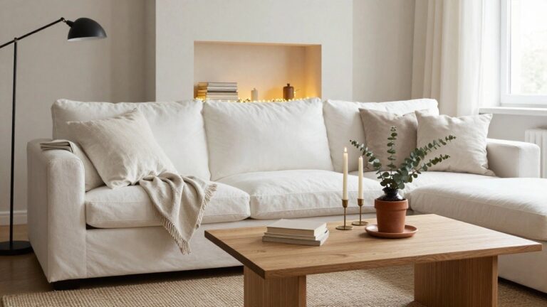 23 Minimalist Christmas Decor Ideas That Keep Things Calm and Stylish A minimalist living room featuring a beige sofa, oval wooden coffee table with stacked white books, a fireplace with fairy lights draped around the opening, a potted eucalyptus plant in a terracotta pot beside it, burning candles on the mantel, and a floor lamp nearby.