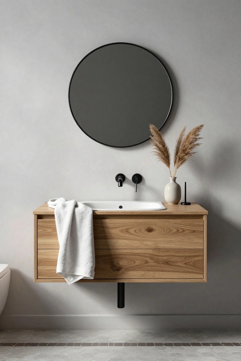 Modern bathroom with floating oak wood vanity, white sink, black wall-mounted faucets, round black-framed mirror above, pampas grass in beige vase, white towel draped on vanity edge, and white toilet nearby on gray tiled floor.