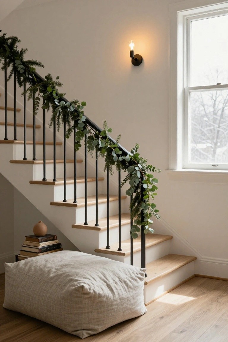 White wooden staircase with black metal railings wrapped in green pine and eucalyptus garlands, a beige floor pouf and stack of books at the base, black wall sconce lit nearby, and a window showing winter light.
