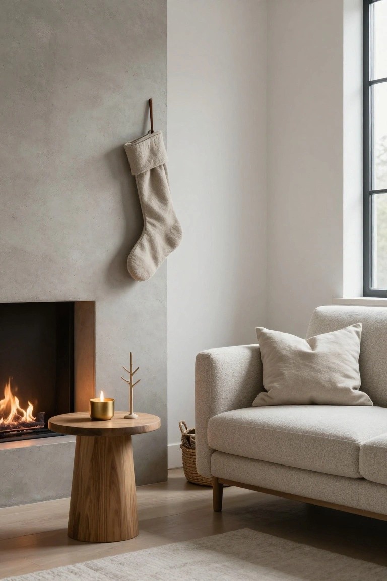 A cream Christmas stocking hanging from a hook on a gray textured wall beside a lit fireplace, with a beige sofa, wooden side table holding a gold candle, and woven basket in a minimalist living room.