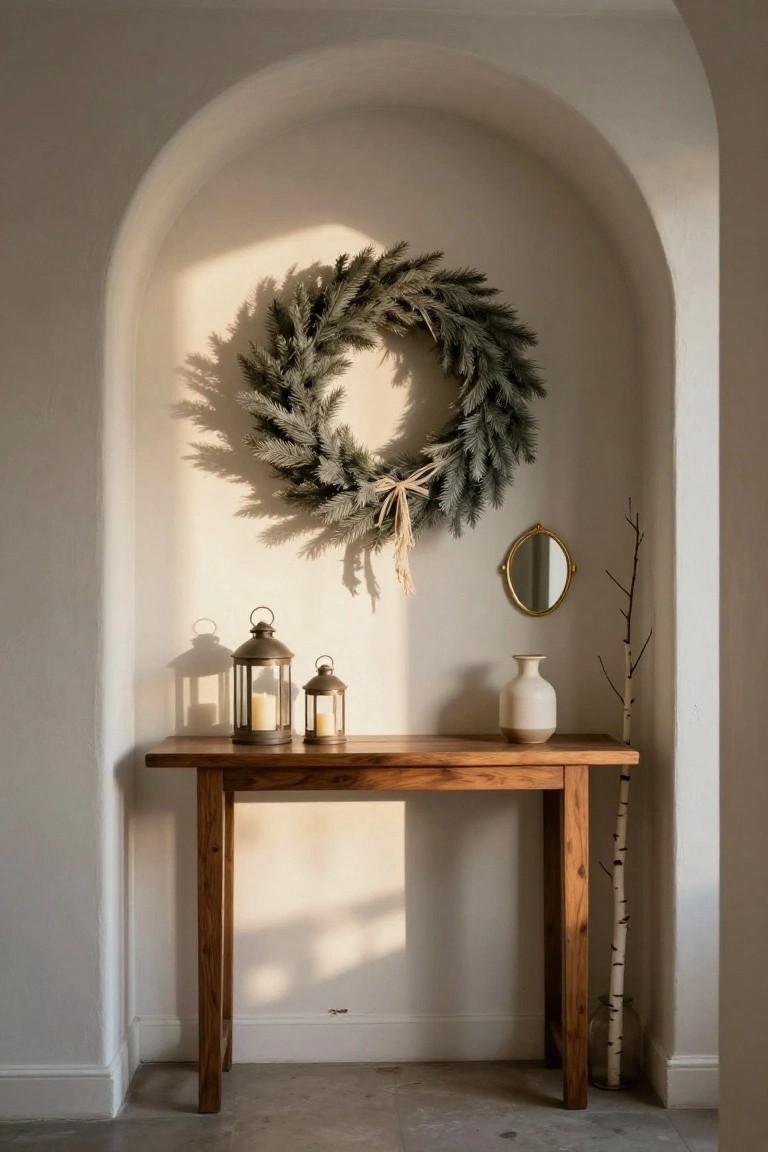 White arched wall niche with large flocked evergreen wreath and bow, above wooden console table holding two metal lanterns with candles, white ceramic vase, gold convex mirror, and birch branch in glass jar on tiled floor.