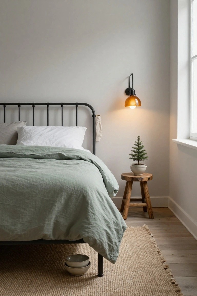 Minimalist bedroom with black metal bed frame, sage green linen duvet and pillows, small potted Christmas tree on wooden stool next to bed, amber glass wall lamp lit up, two ceramic bowls on jute rug, light gray walls and large window.