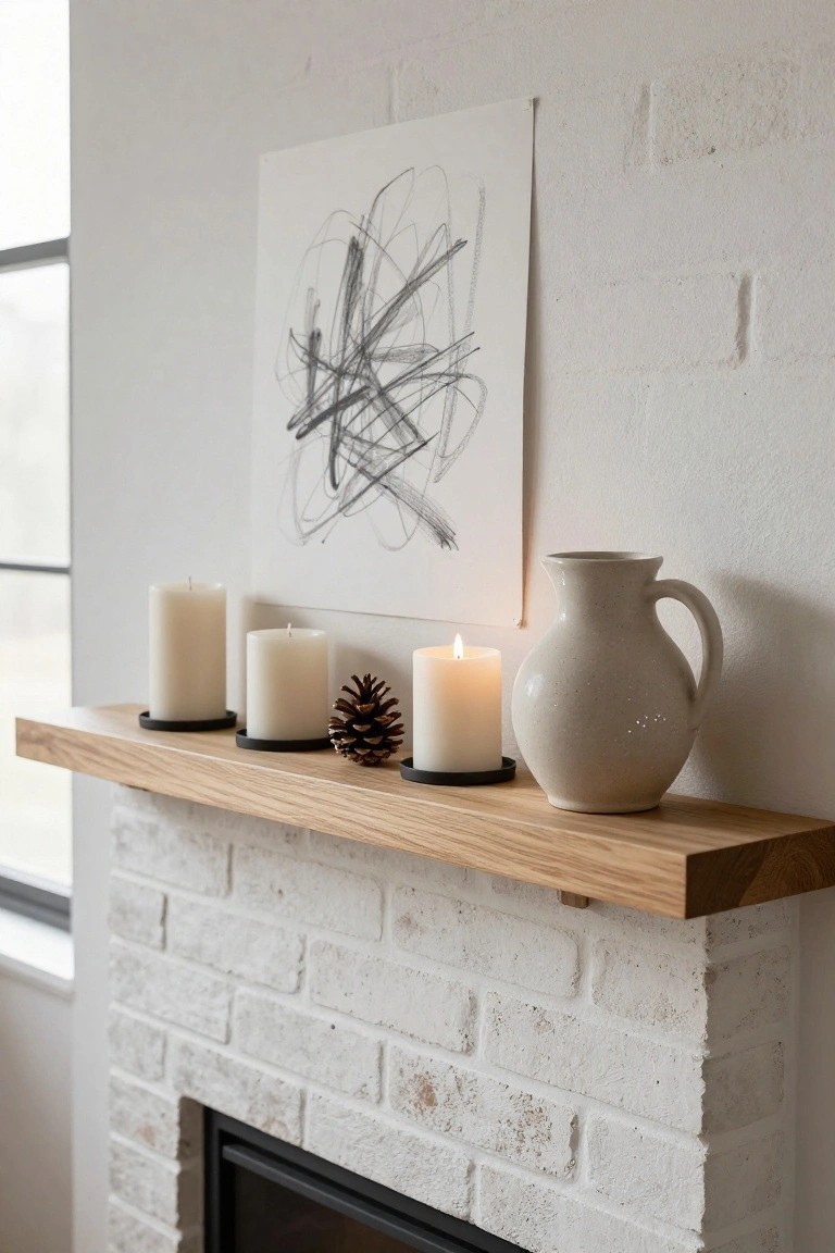 Wooden shelf above white brick fireplace with three white pillar candles on black coasters, one pinecone, and white ceramic pitcher, plus abstract line drawing on wall.