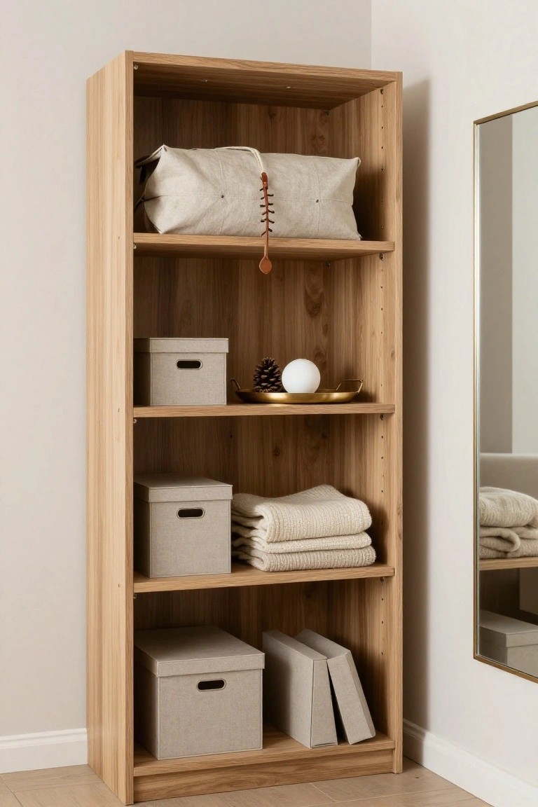 Tall open oak bookshelf in a room corner holding beige fabric storage boxes, folded white linens, a canvas bag with tassel, pine cone on gold dish with white orb, and stacked paperboard folders, positioned beside a tall gold-framed mirror on a light wood floor.