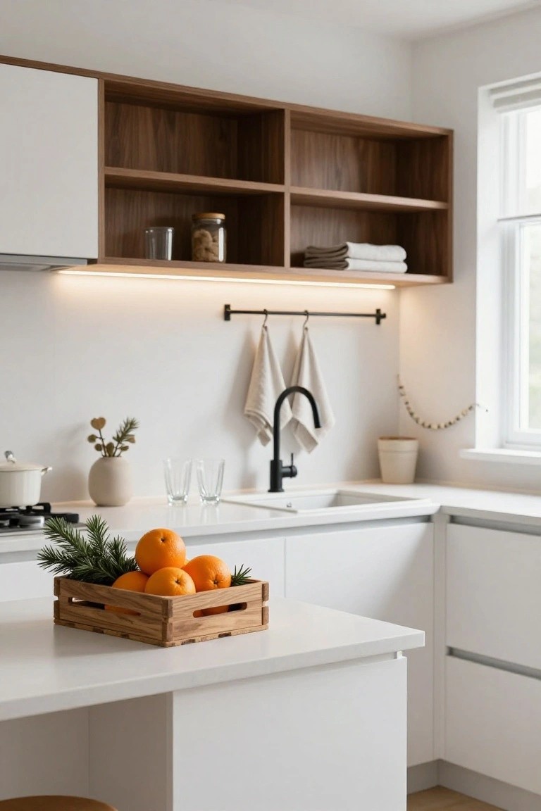 Modern white kitchen with wooden upper cabinets, a countertop holding a wooden crate of oranges and pine branches, a sink with faucet, and a stovetop nearby.