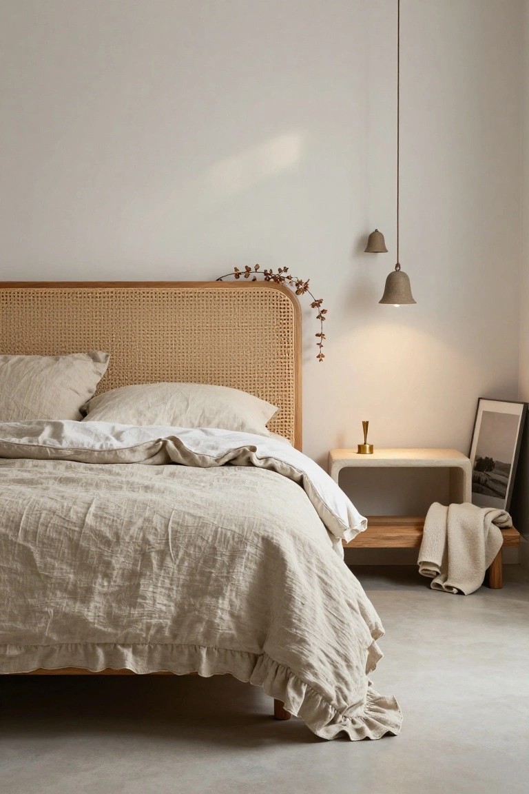 A minimalist bedroom with a woven rattan headboard on a bed covered in beige linen sheets and duvet, a low concrete nightstand holding a candleholder, framed photo, draped throw on a wood bench, pendant lights, and dried branches on white walls and concrete floor.
