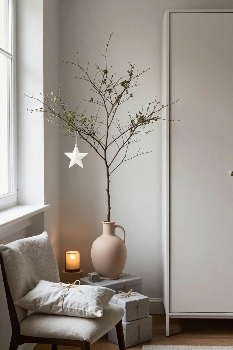 Indoor room corner with bare tree branches in a tall beige vase hanging a white star ornament, gray armchair with white pillows and tied ribbons, stacked wrapped gift boxes, lit glass candle on a base, and tall white wardrobe by a window.
