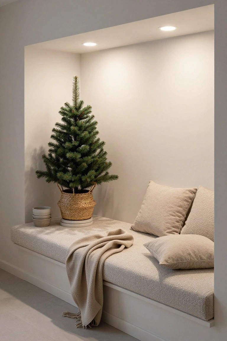 Cozy nook with a small tree, neutral pillows, a blanket, and ceramic pots.