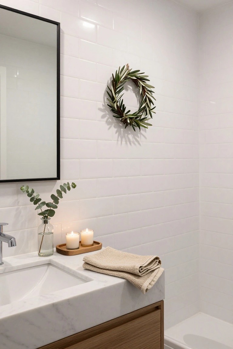 Modern bathroom with white tiles, a marble sink, candles, and a eucalyptus wreath.