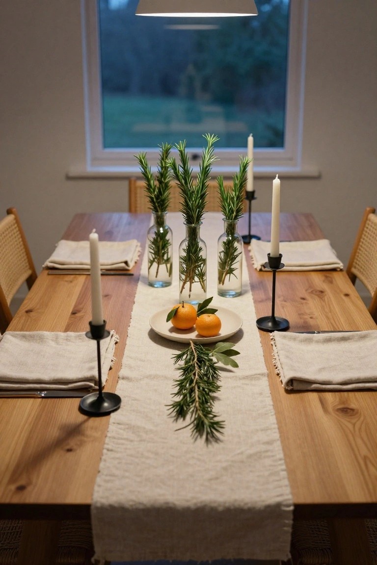 Wooden dining table with beige linen runner, rosemary branches in glass vases and scattered along center, white plate with oranges and leaves, candles in black holders, linen napkins, and wicker chairs, next to window overlooking green field.