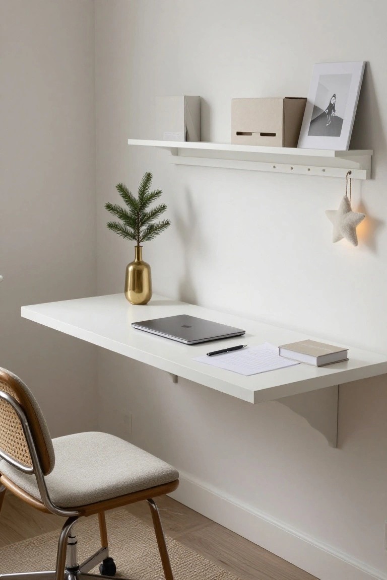 White floating desk in corner room with MacBook laptop, white paper, beige notebook, pen, small fir tree in tall brass vase, rattan armchair with beige cushion, upper white shelf holding beige boxes and black-and-white photo frame, hanging white fabric star ornament, neutral walls, wood floor, small woven rug.
