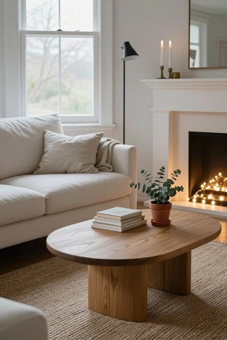 A minimalist living room featuring a beige sofa, oval wooden coffee table with stacked white books, a fireplace with fairy lights draped around the opening, a potted eucalyptus plant in a terracotta pot beside it, burning candles on the mantel, and a floor lamp nearby.