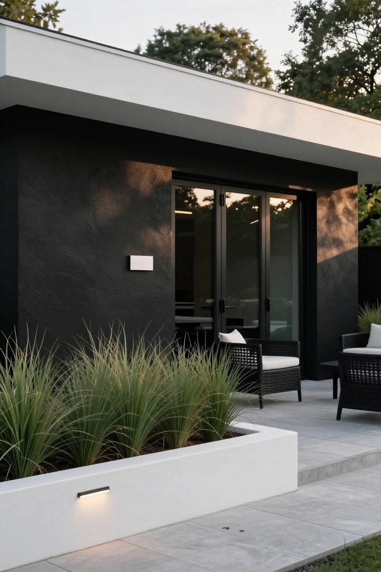 Modern house exterior with black textured walls, white roof overhang and trim, black-framed folding glass doors, outdoor patio with black wicker chairs and cushions, tall grasses in a white rectangular planter box, and ground-level LED lighting.