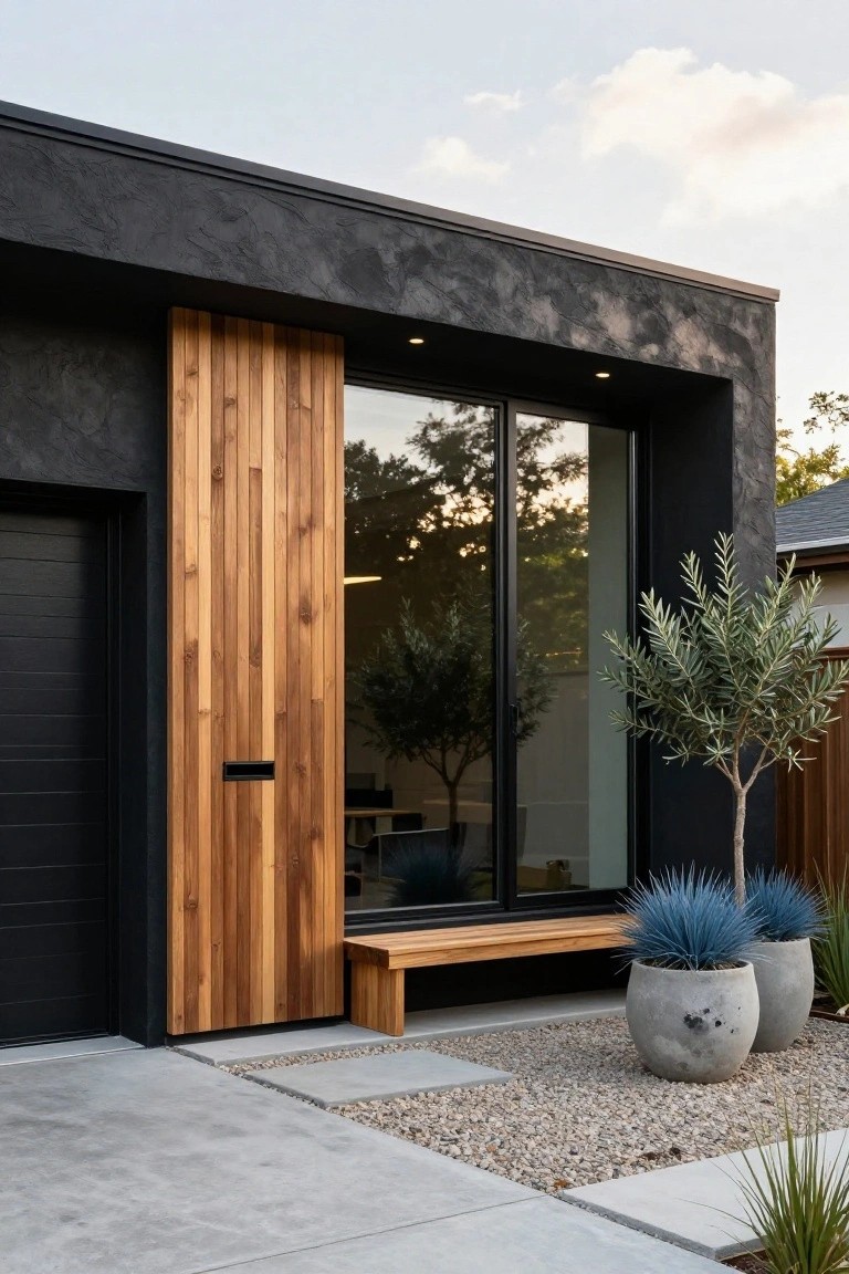 Modern house facade with black stucco walls, vertical wooden cladding around the entry door and bench, large glass window, black garage door, potted olive tree, blue agave plants, and gravel ground cover.