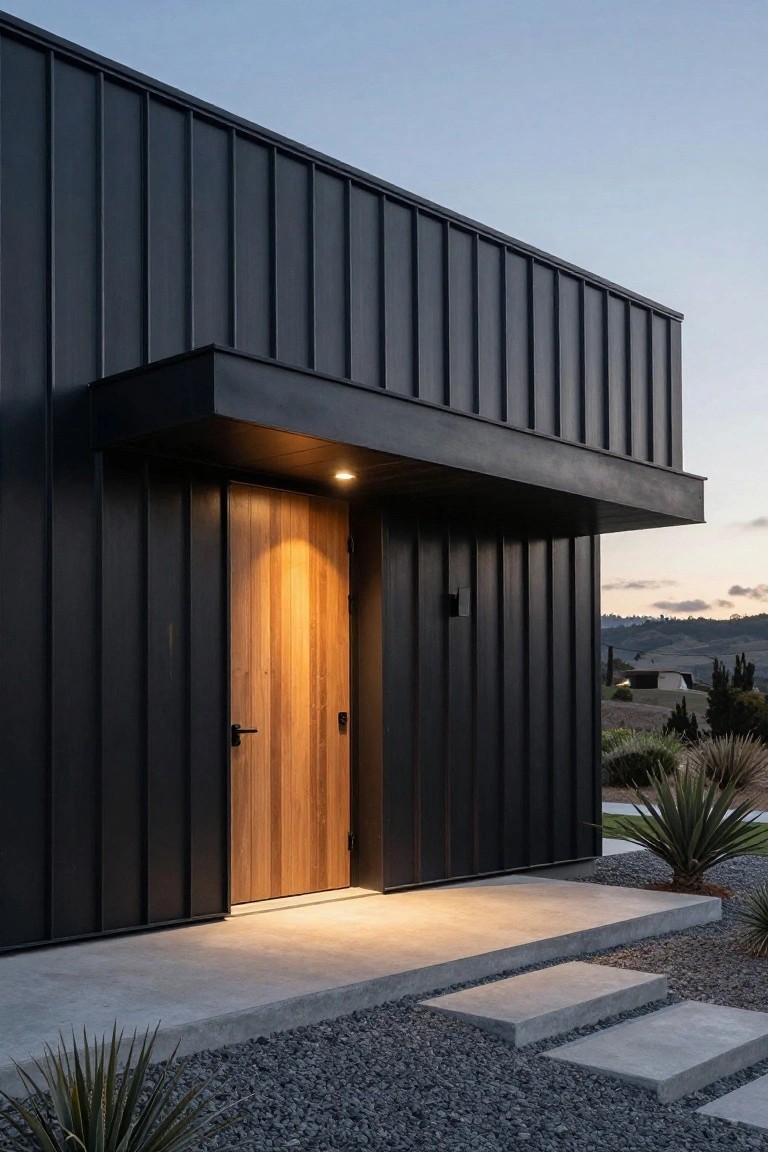 Modern house exterior with black corrugated metal siding, illuminated wooden front door, concrete steps and landing, gravel ground cover, and agave plants in a rural landscape at dusk.