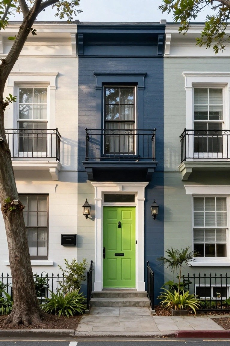Three-story row house facade painted in white, navy blue, and sage green sections with a bright green front door, black metal balconies and railings, lanterns flanking the entry, potted plants, and a large tree in front.